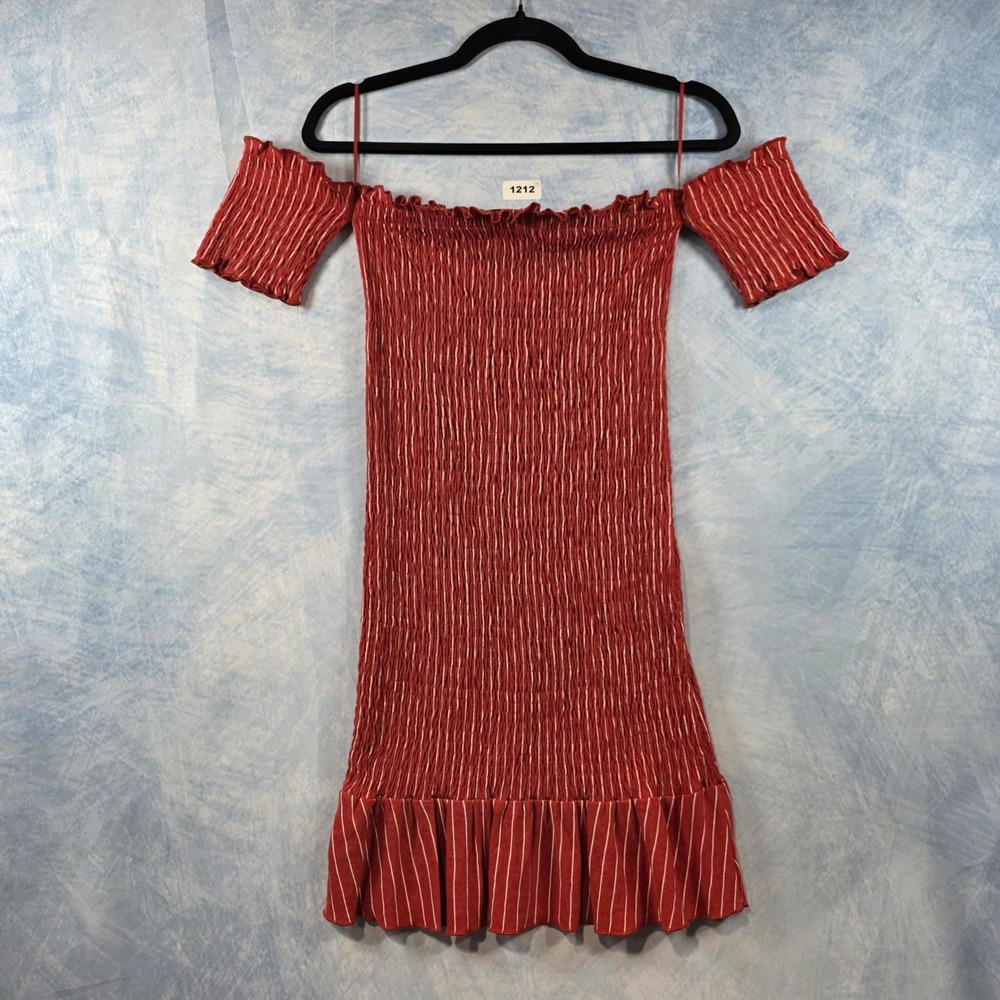 Sage The Label Womens Smocked Off The Shoulder Mini Dress Red Pinstripe Small